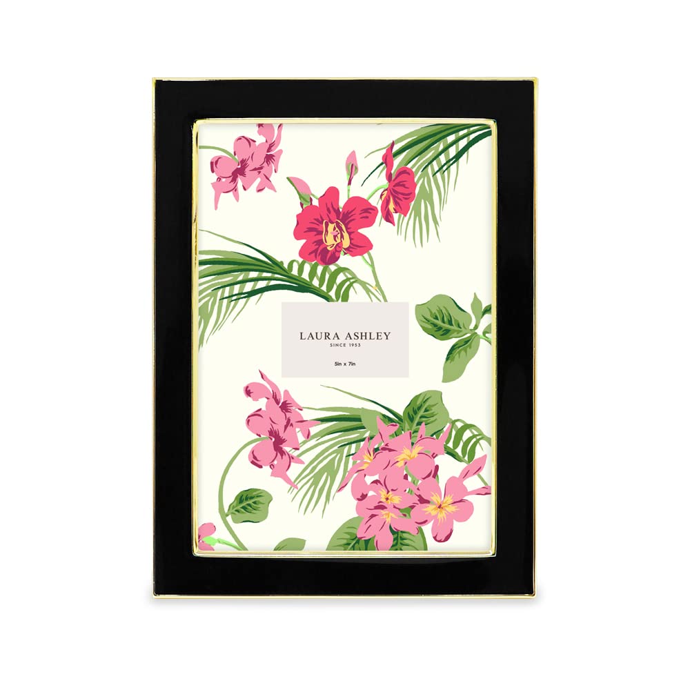 Laura Ashley 5x7 Black Enamel Picture Frame, Gold Metal Edge with Easel, for Countertop, Counterspace, Tabletop Display, Bookshe